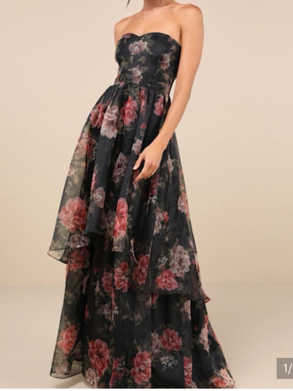 Strapless Black Floral Evening Dress